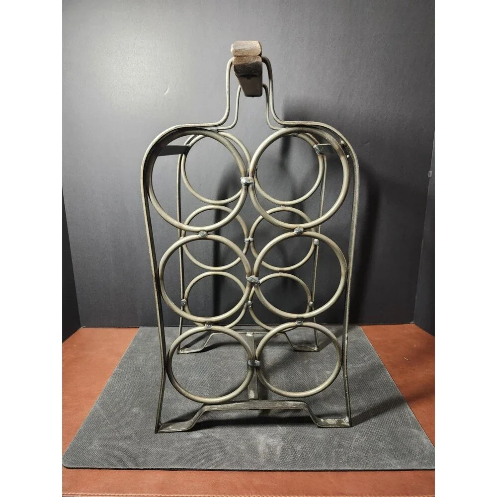6-Bottle Metal and Wood Wine Caddy Rack with Handle, Black Brown